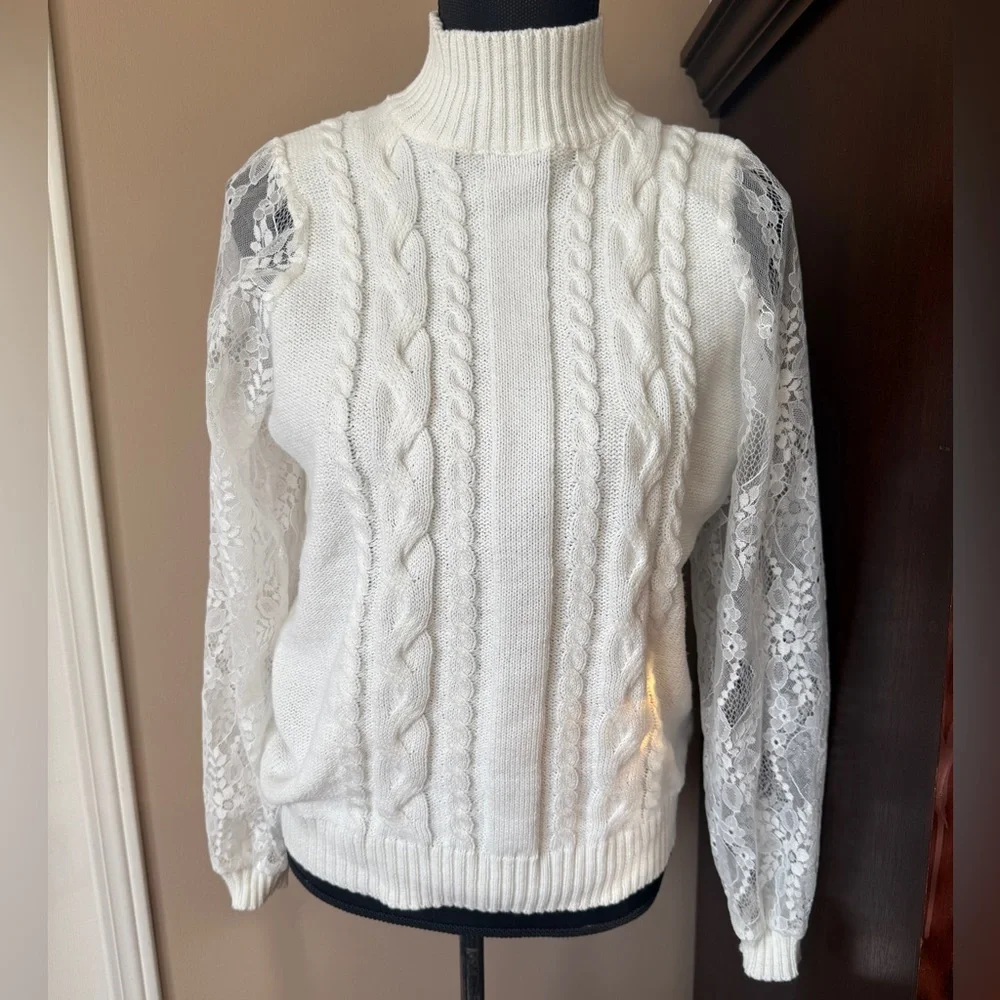 NWOT Cable-Knit Lace-Sleeved Sweater - Picture 3 of 11